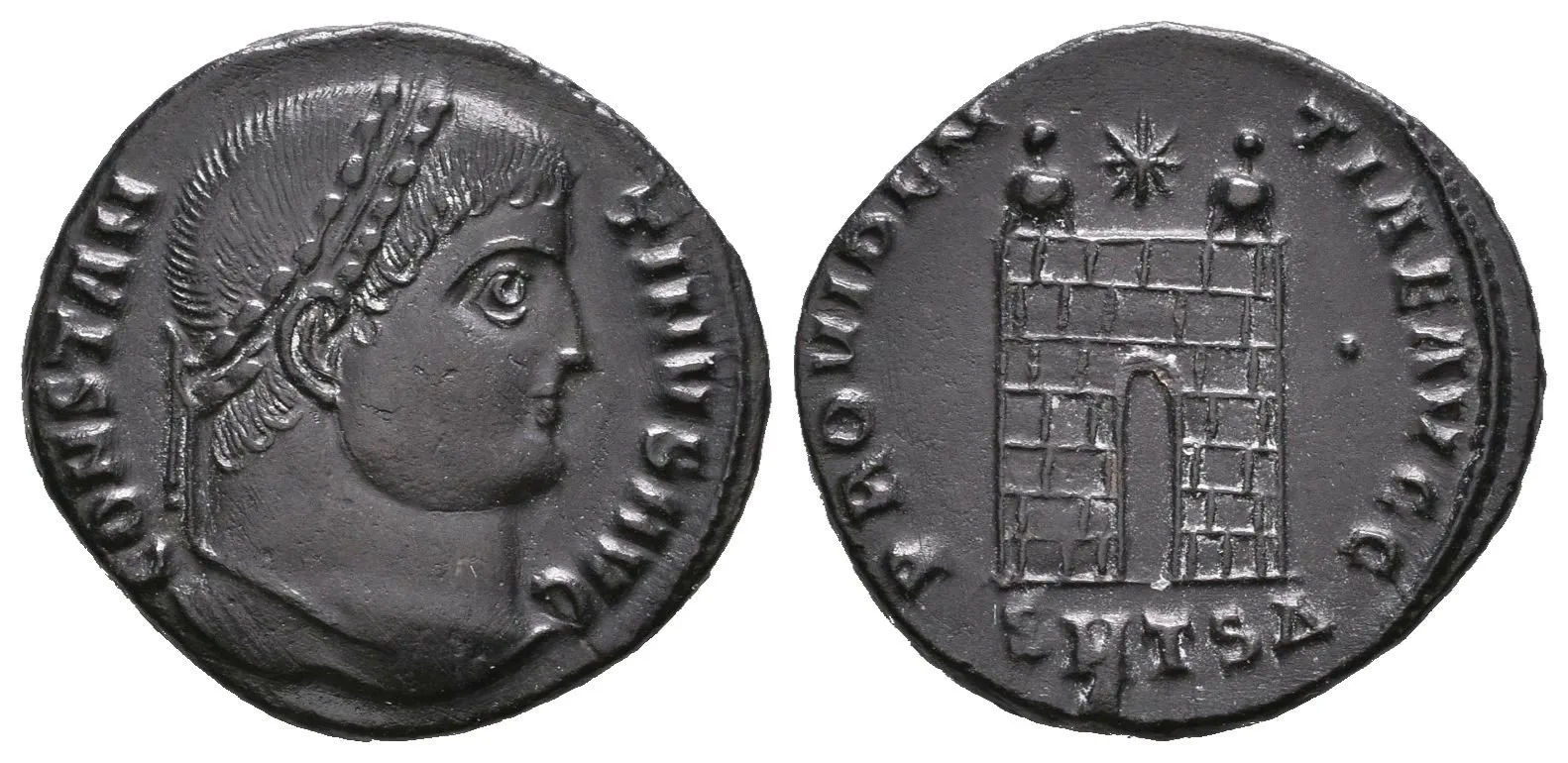 Follis, Thessalonica, 326-328, Rv: PROVIDENTIAE AVGG, táborová brána, — 1