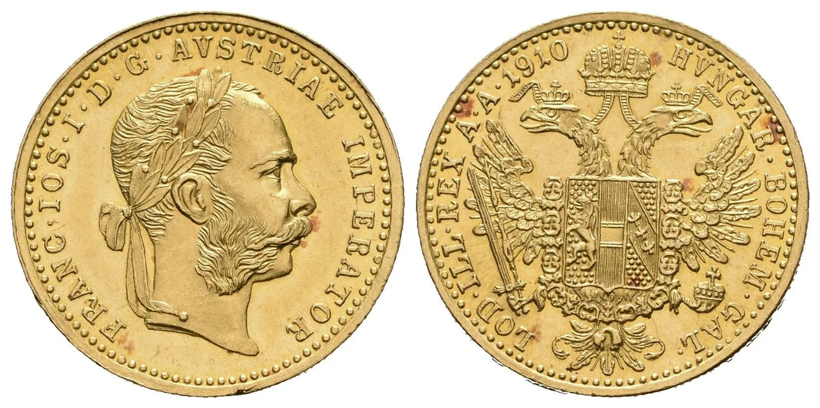 Dukát 1910, krásná zachovalost, ražební lesk, patina, drobné rysky — 1