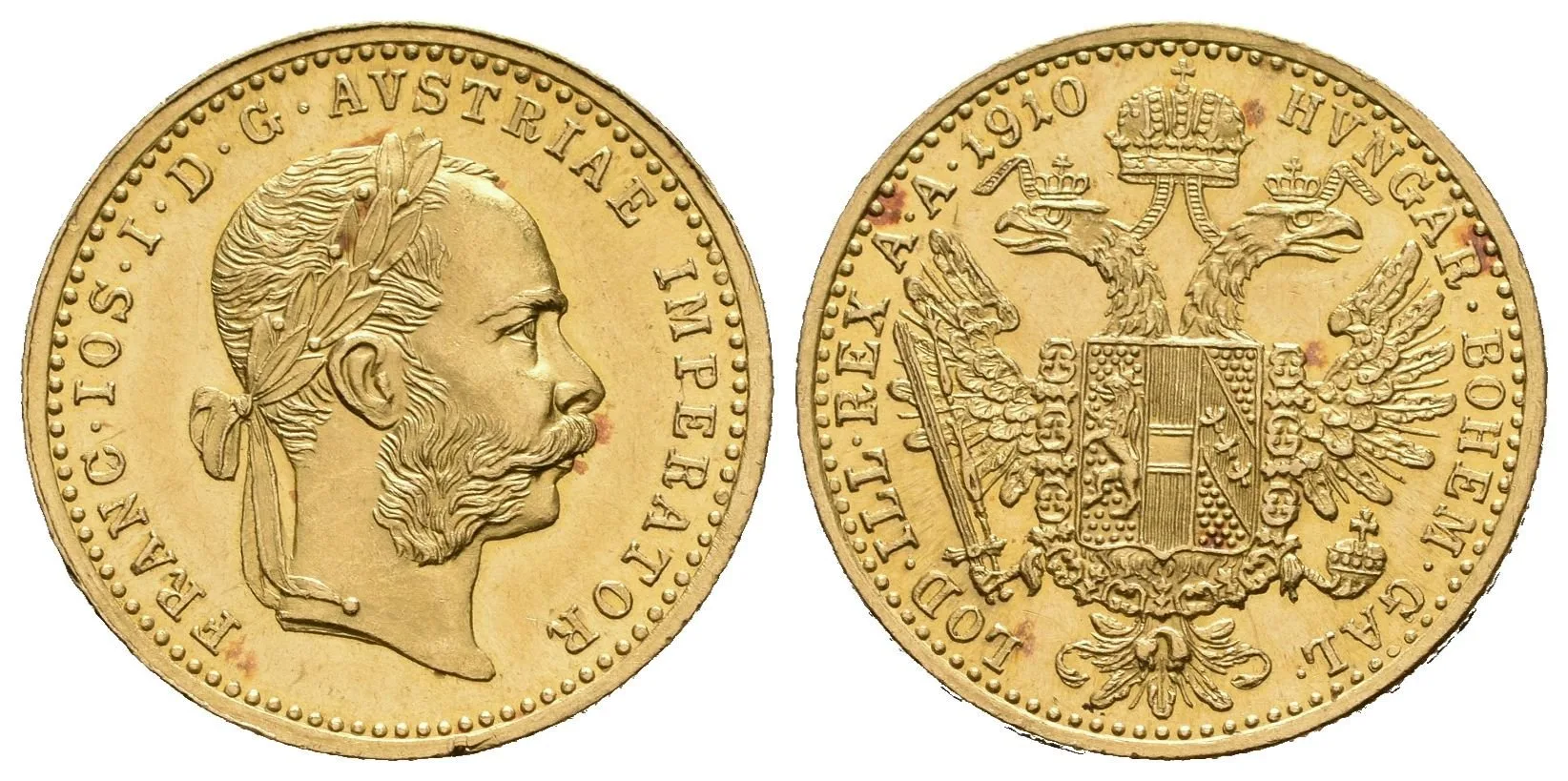 Dukát 1910, krásná zachovalost, ražební lesk, patina, drobné rysky — 1