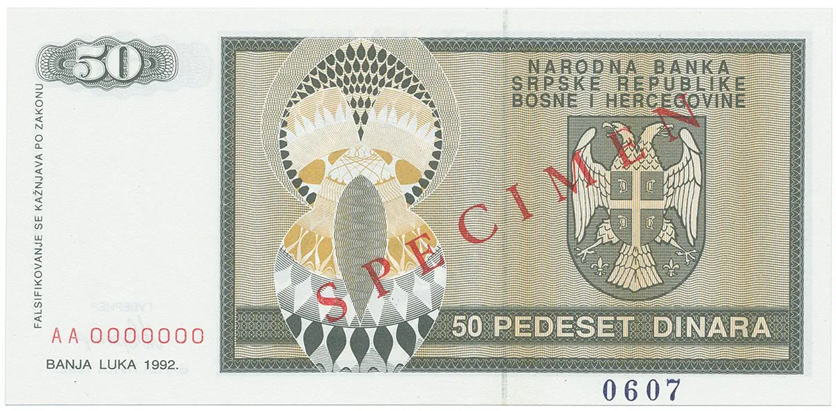 Bosna a Hercegovina, 50 Dinara 1992, bankovní vzor, AA 0000000, přet. SPECIMEN, P.134s