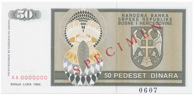 Bosna a Hercegovina, 50 Dinara 1992, bankovní vzor, AA 0000000, přet. SPECIMEN, P.134s
