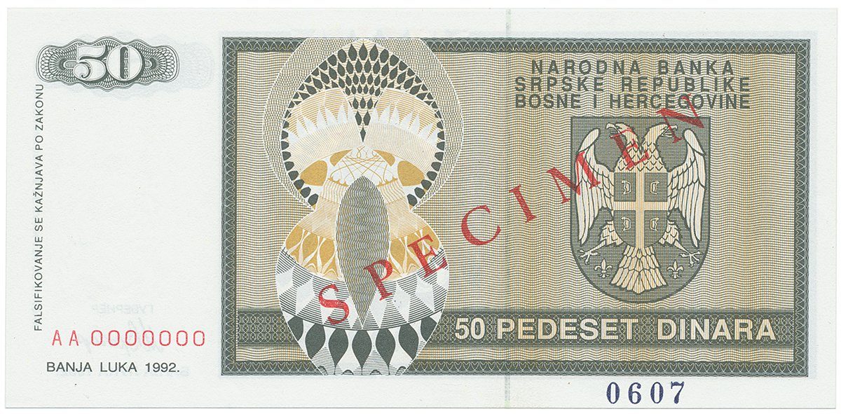Bosna a Hercegovina, 50 Dinara 1992, bankovní vzor, AA 0000000, přet. SPECIMEN, P.134s