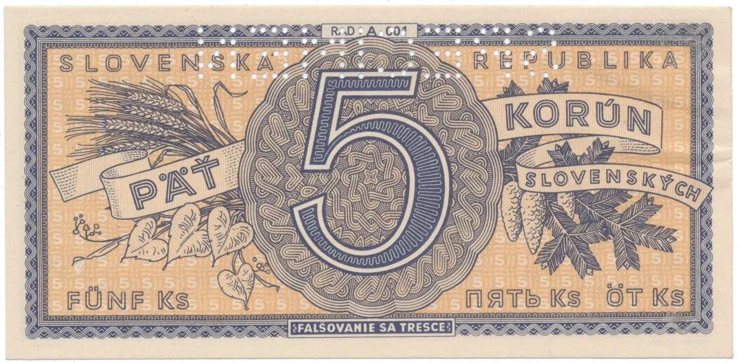 5 Koruna b.d. (1945), série A 001, Hej.55a.S1