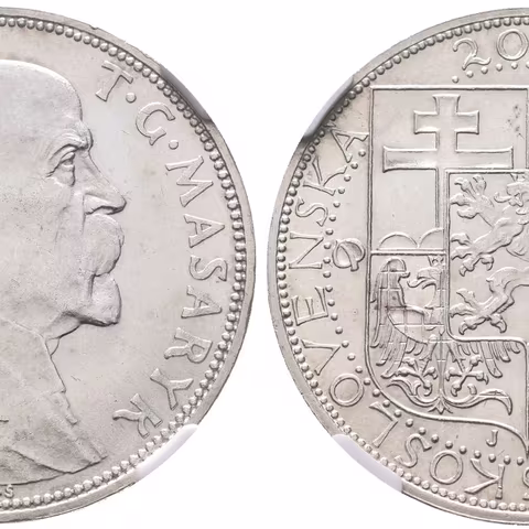 20 Koruna 1937 - Masaryk, etue NGC, hodnocení MS 64,