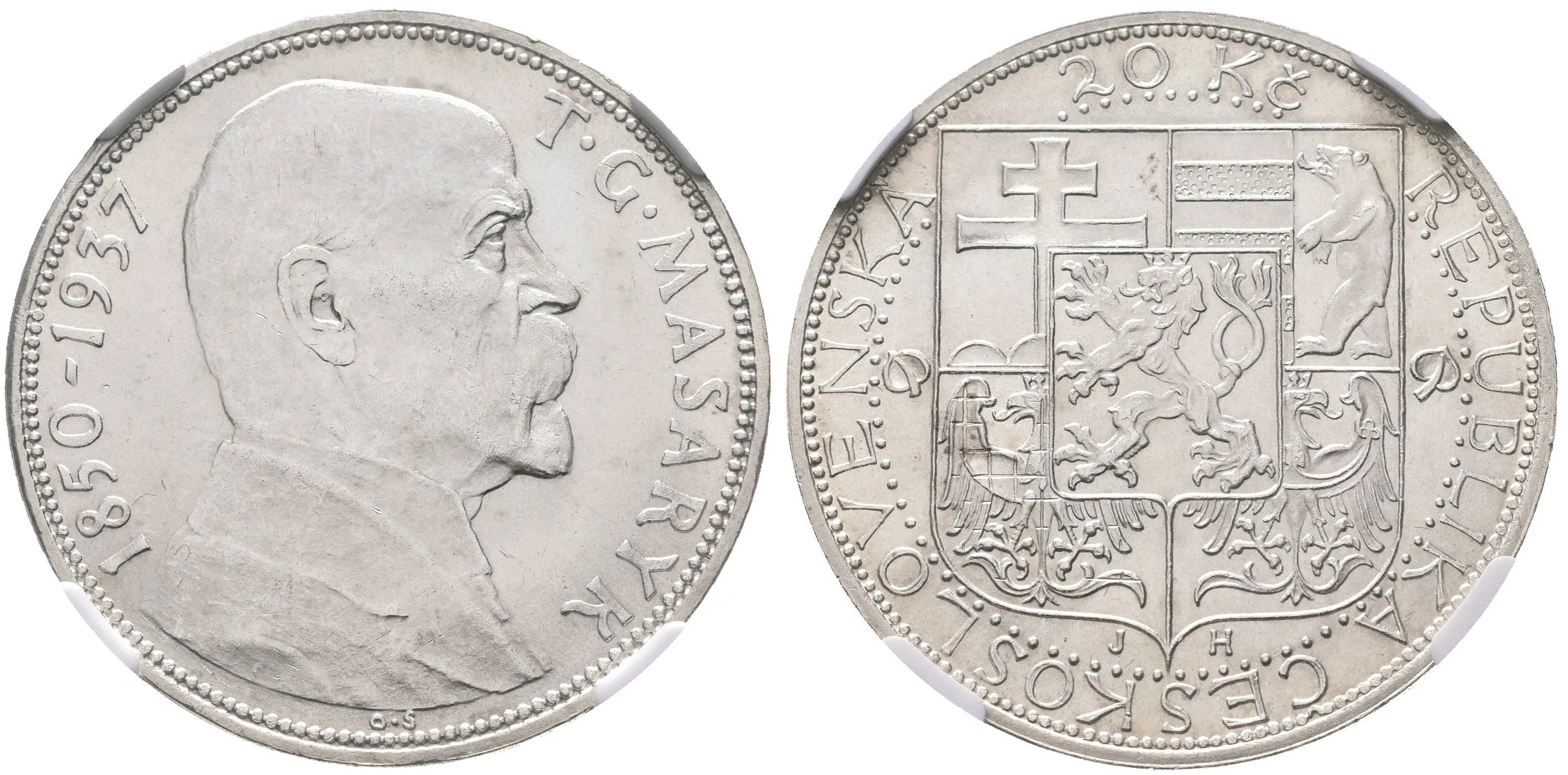 20 Koruna 1937 - Masaryk, etue NGC, hodnocení MS 64, — 1