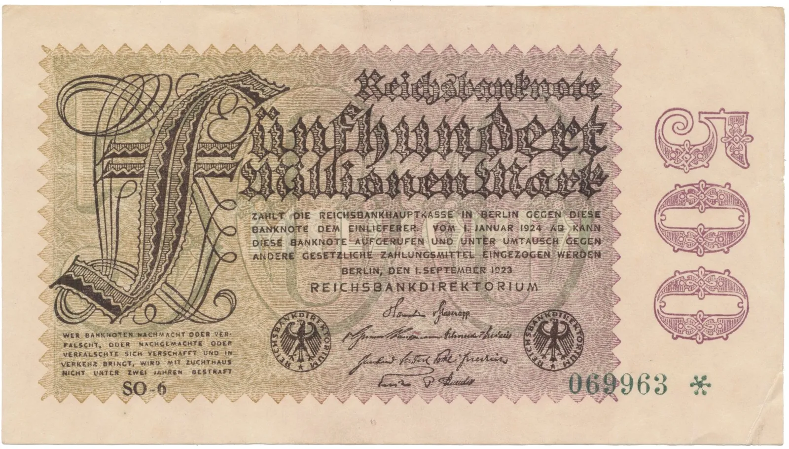 Německo, 500 Millionen Mark 1923, vodoznak Sterne, Ro.109h