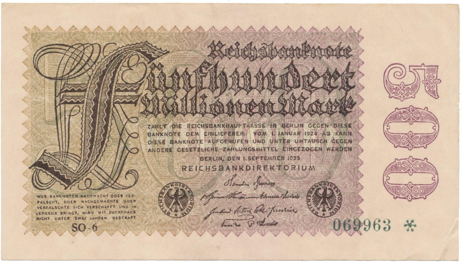 Německo, 500 Millionen Mark 1923, vodoznak Sterne, Ro.109h