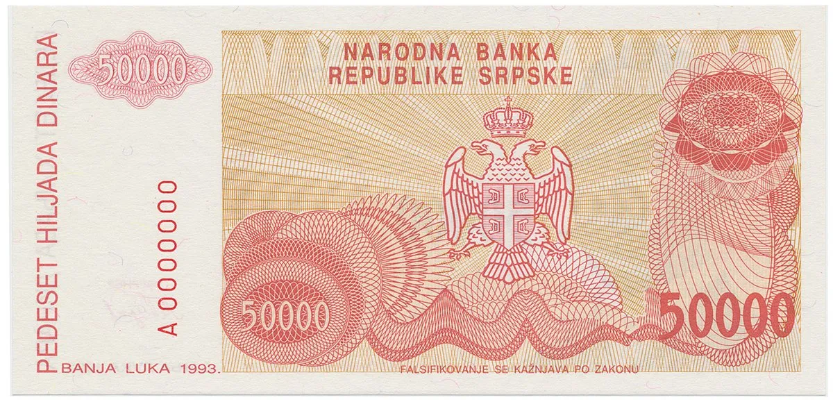 Bosna a Hercegovina, 50.000 Dinara 1993, anulát, A 0000000, P.150