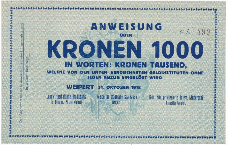 Weipert (Vejprty) - peněžní ústavy, 1000 K  1. 10. 1918, HH.248.2.2b