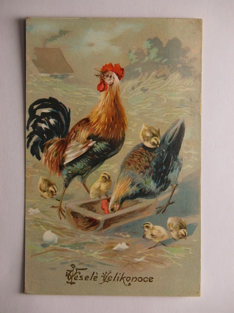 Přání - Velikonoce, Kohout se slepičkou a kuřátky — 1