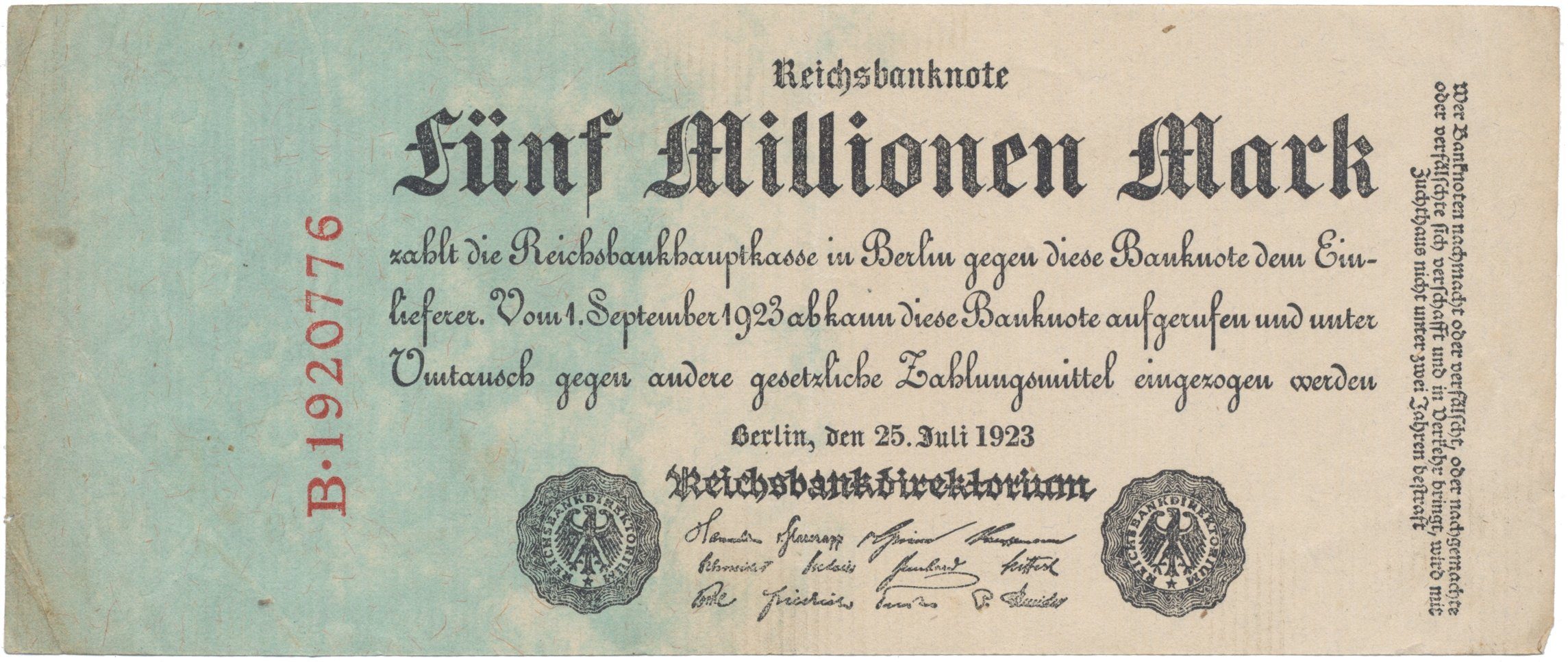 Německo, 5 Millionen Mark 1923, Ro.94