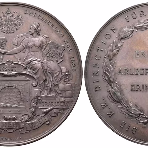 AE Medaile 1883 (J. Tautenhayn) - K proražení tunelu Arlberg v Tyrolsku.