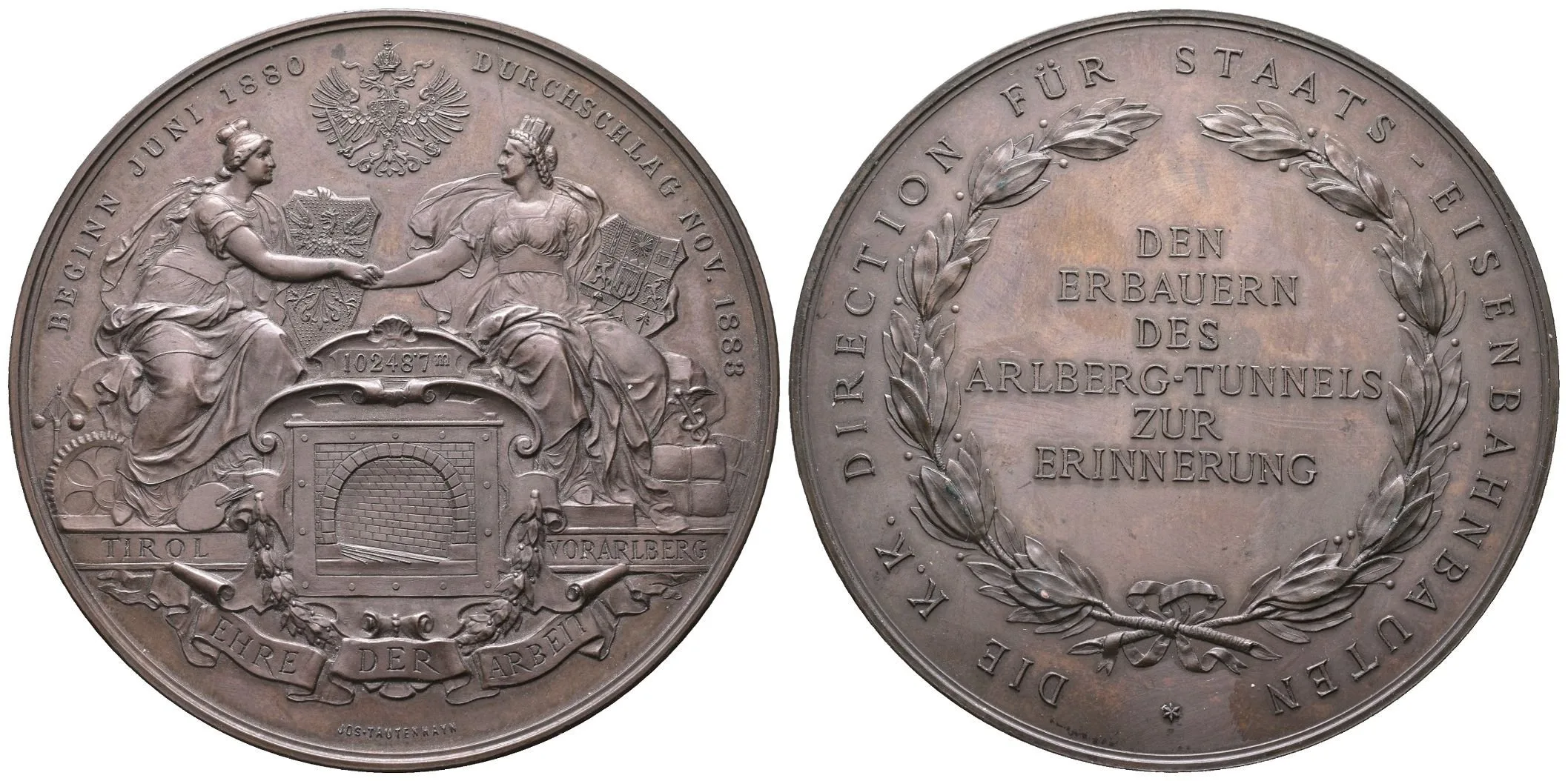 AE Medaile 1883 (J. Tautenhayn) - K proražení tunelu Arlberg v Tyrolsku. — 1