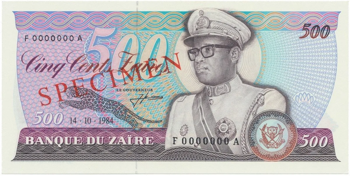 Zaire, 500 Zaires 1984, anulát - SPECIMEN, P.30s