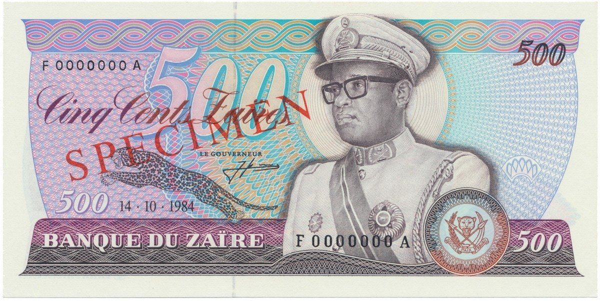 Zaire, 500 Zaires 1984, anulát - SPECIMEN, P.30s