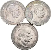 5 Koruna 1900 KB (2x), 1907 KB, pěkná patina, oběhové zachovalosti, — 2