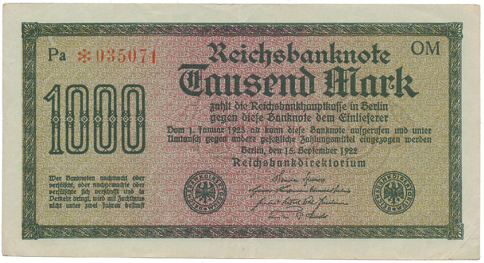 Německo, 1000 Mark 1922, vod. Wellen, 6-místné číslo, Ro.75q