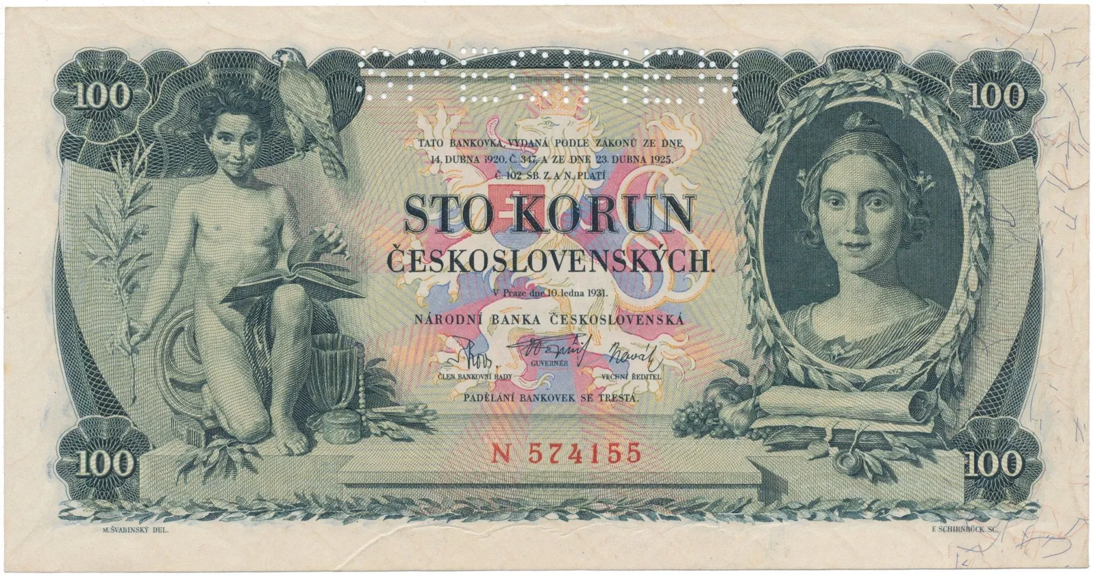 100 Koruna 1931, série N, SPECIMEN, Hej.25a.S1