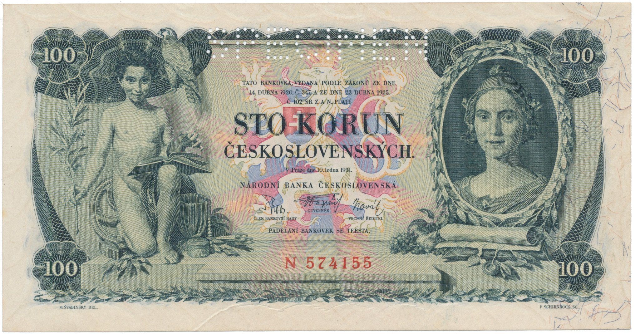 100 Koruna 1931, série N, SPECIMEN, Hej.25a.S1