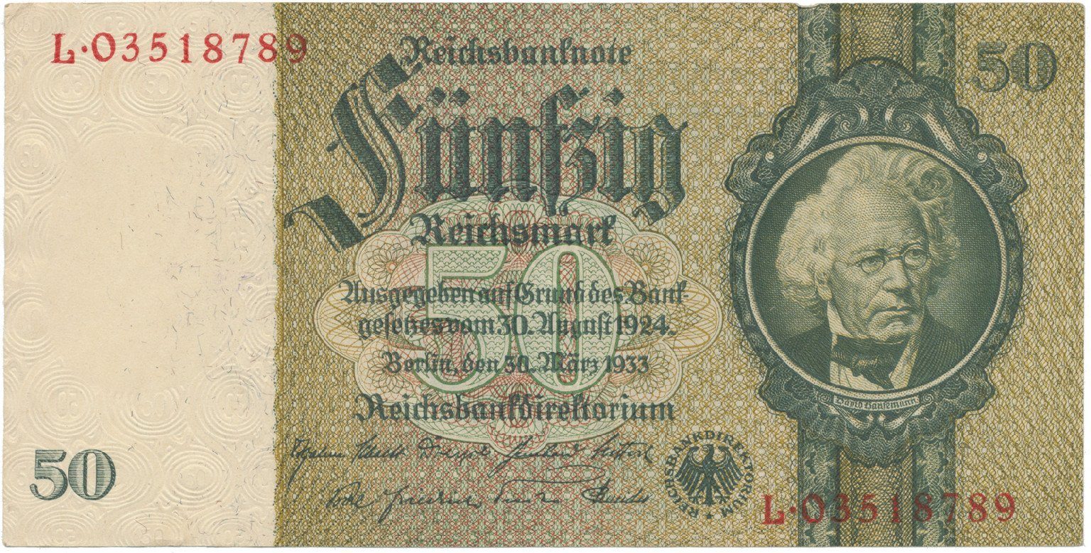 Německo, 50 Reichsmark 1933, válečná, Hej.D6e