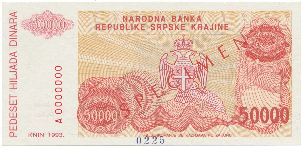 Chorvatsko, 50.000 Dinara 1993, anulát - SPECIMEN, P.R21s