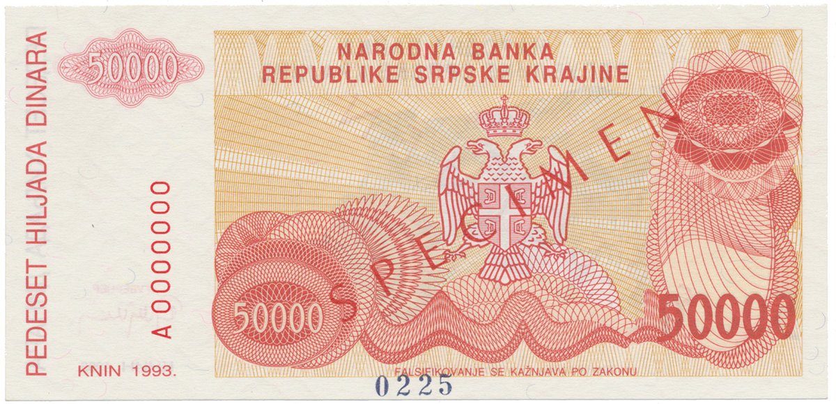 Chorvatsko, 50.000 Dinara 1993, anulát - SPECIMEN, P.R21s