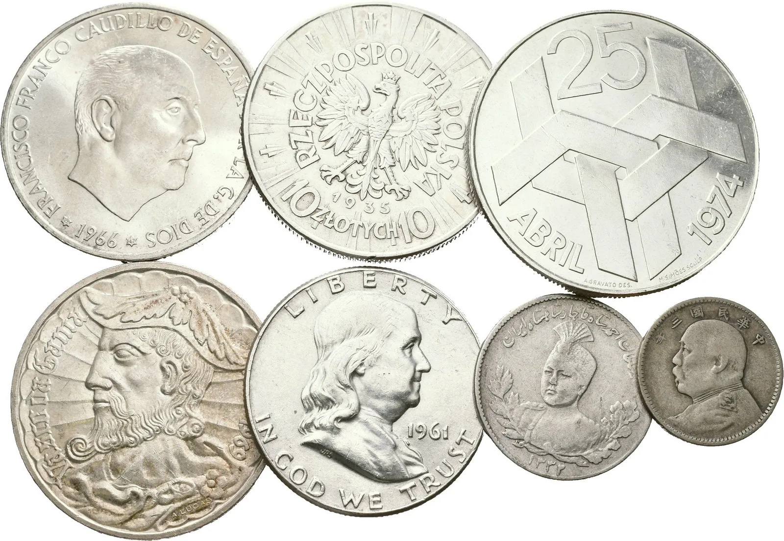 Soubor stříbrných mincí - 25 Escudos 1974, 50 Escudos 1969, 100 Pesetas 1966, — 1