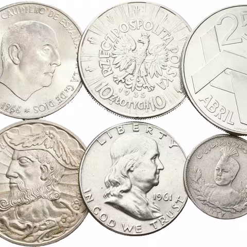 Soubor stříbrných mincí - 25 Escudos 1974, 50 Escudos 1969, 100 Pesetas 1966,