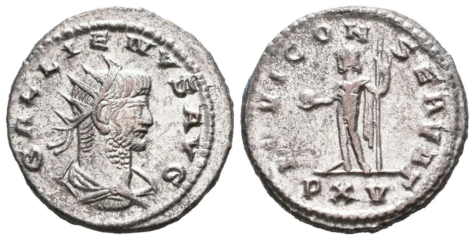 AE Antoninian, Antioch, 254 - 255, Rv: IOVI CONSERVAT, stojící Jupiter zleva drží — 1