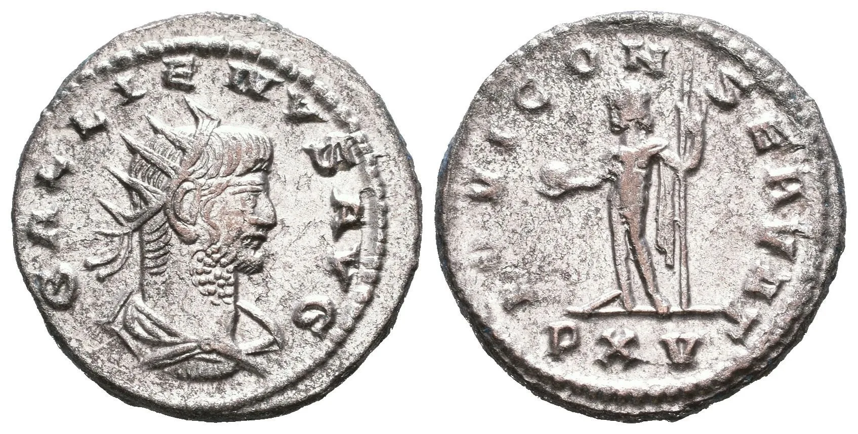 AE Antoninian, Antioch, 254 - 255, Rv: IOVI CONSERVAT, stojící Jupiter zleva drží — 1