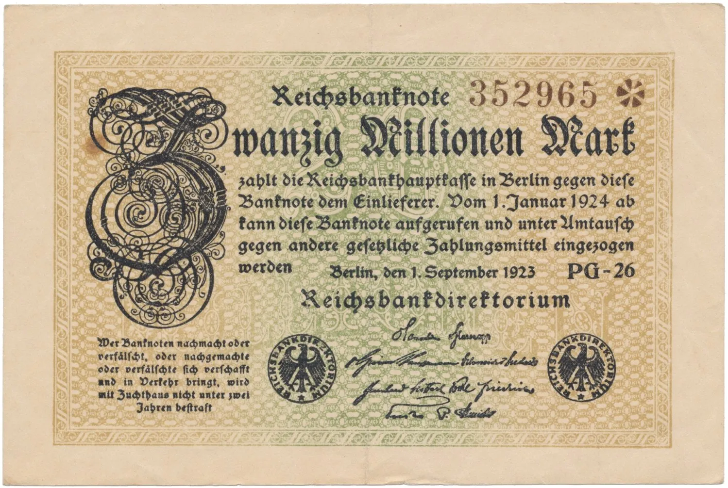 Německo, 20 Millionen Mark 1923, Ro.107g