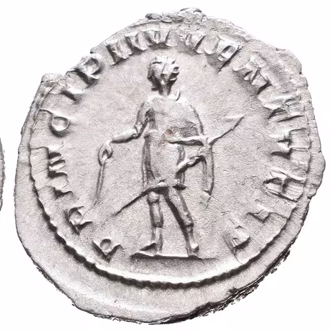 Antoninian, Rv: PRINCIPI IVVENTVTIS, Herennius ve vojenském oděvu zleva drží