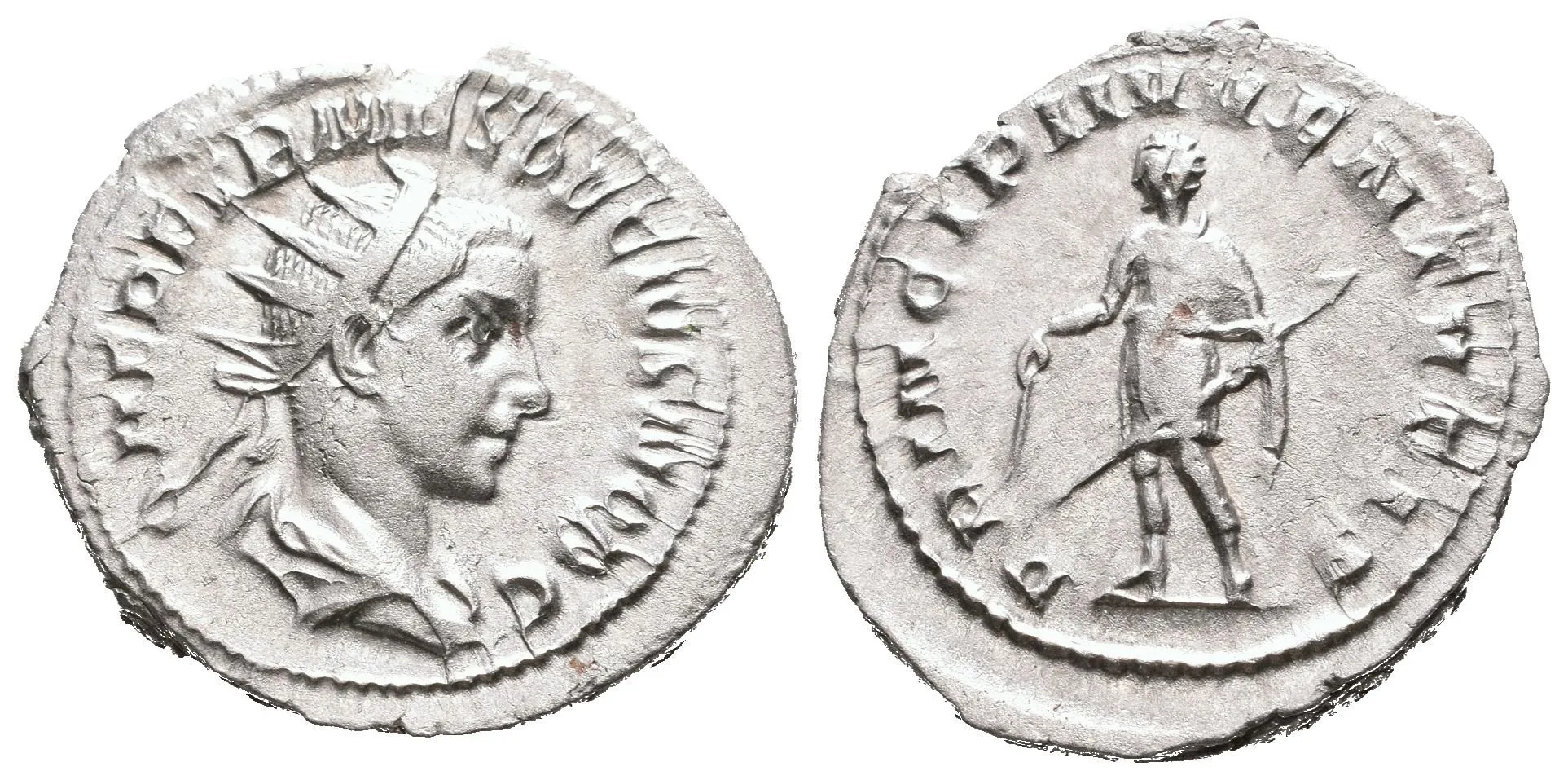 Antoninian, Rv: PRINCIPI IVVENTVTIS, Herennius ve vojenském oděvu zleva drží — 1