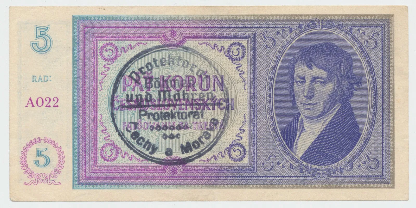 Protektorát Čechy a Morava, 5 Koruna b.d. (1938/1940), ruční razítko, Hej.29a