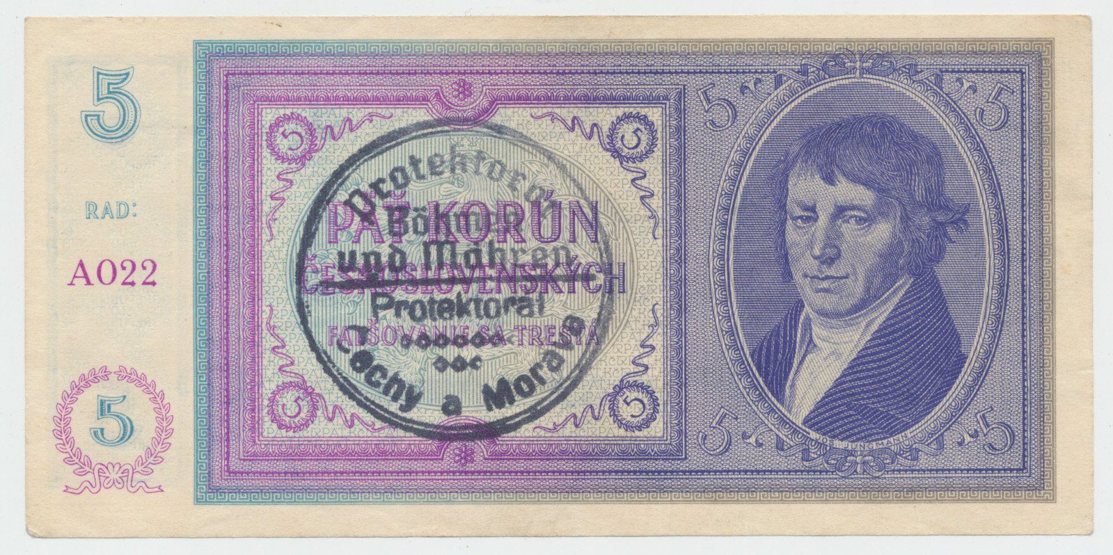 Protektorát Čechy a Morava, 5 Koruna b.d. (1938/1940), ruční razítko, Hej.29a