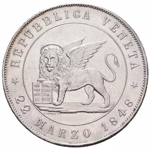 5 Lira 1848 V, Benátky, Veselý.15, KM.186, krásná zachovalost, lesk, patina, drobné rysky a