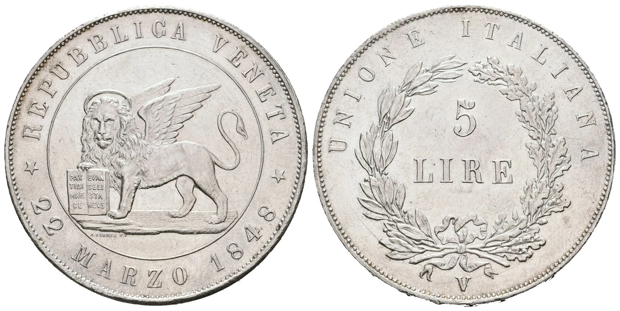 5 Lira 1848 V, Benátky, Veselý.15, KM.186, krásná zachovalost, lesk, patina, drobné rysky a — 1