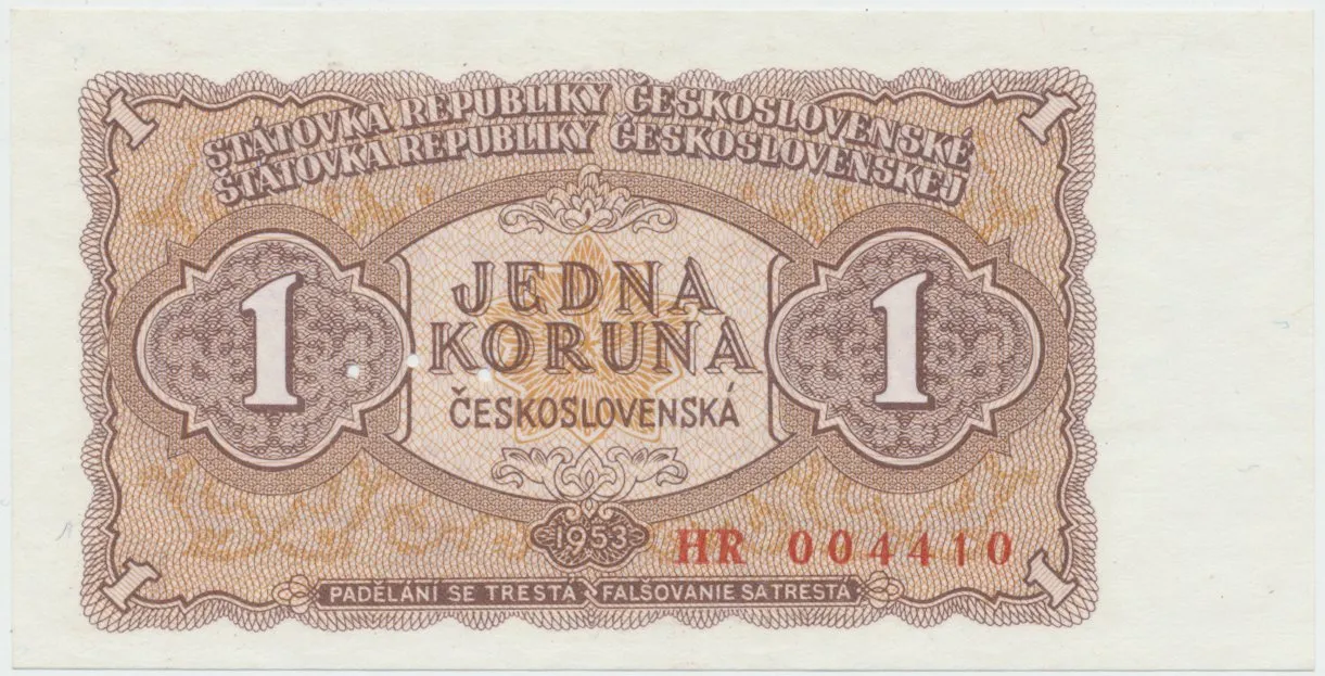 Československo, 1 Koruna 1953, tisk Praha, série HR, perf. 3 m.d., Hej.89b1.S1