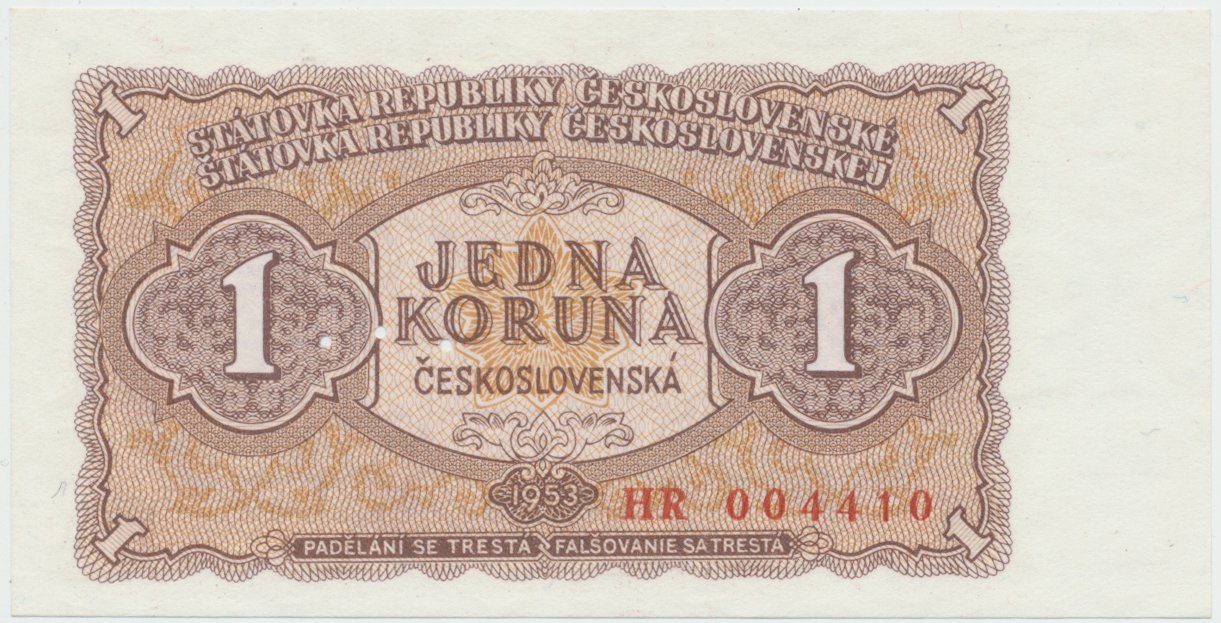 Československo, 1 Koruna 1953, tisk Praha, série HR, perf. 3 m.d., Hej.89b1.S1
