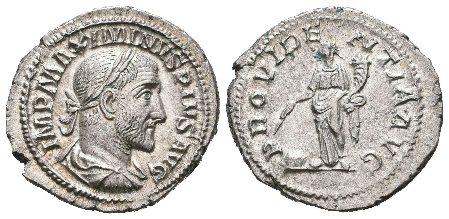 Denár, 236 - 238, Rv: PROVIDENTIA AVG, stojící Providentia zleva drží hůlku nad glóbem — 1