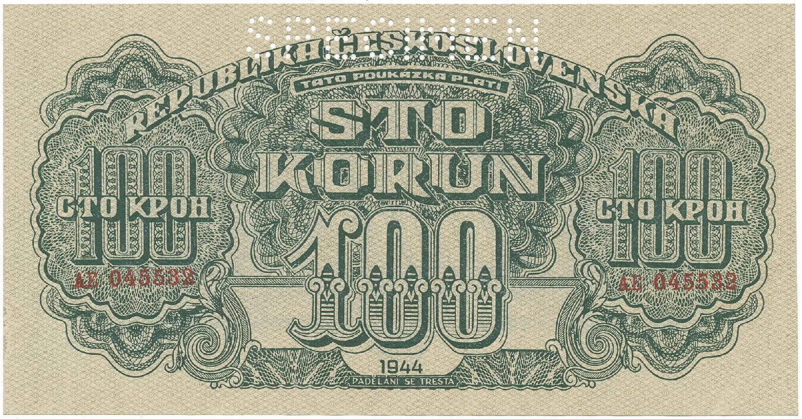 100 Koruna 1944, číslovač 19 mm, SPECIMEN, Hej.59a.S1