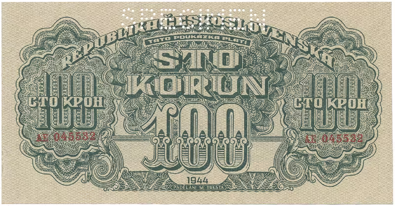 100 Koruna 1944, číslovač 19 mm, SPECIMEN, Hej.59a.S1