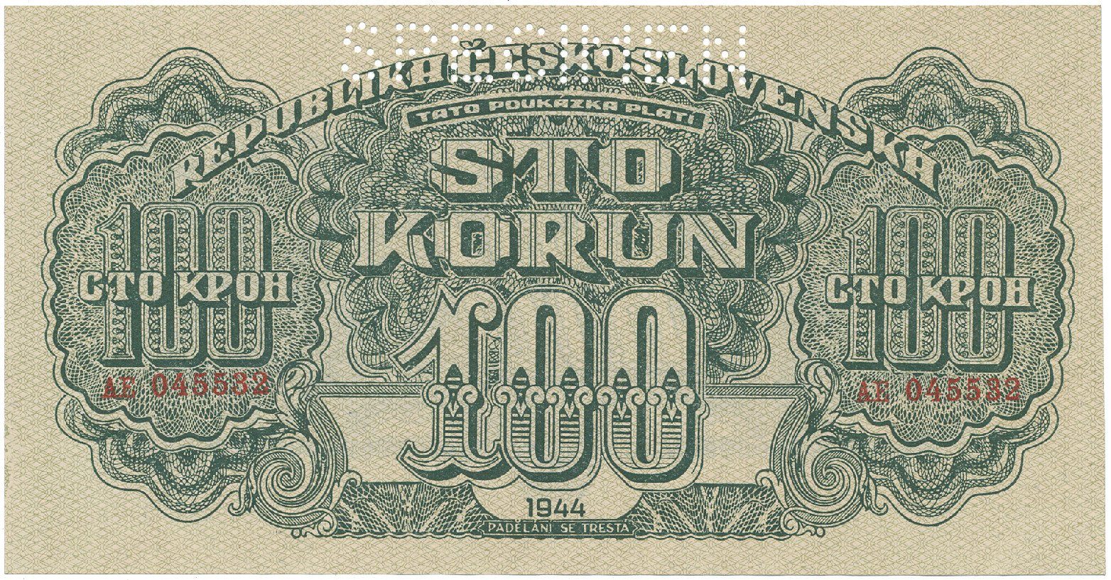 100 Koruna 1944, číslovač 19 mm, SPECIMEN, Hej.59a.S1