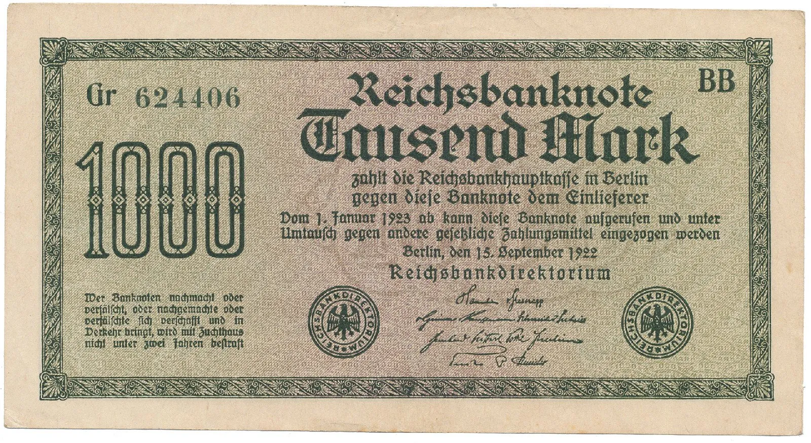 Německo, 1000 Mark 1922, vod. Hakensterne, zelené 6-místné číslo, Ro.75a
