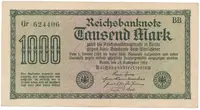 Německo, 1000 Mark 1922, vod. Hakensterne, zelené 6-místné číslo, Ro.75a
