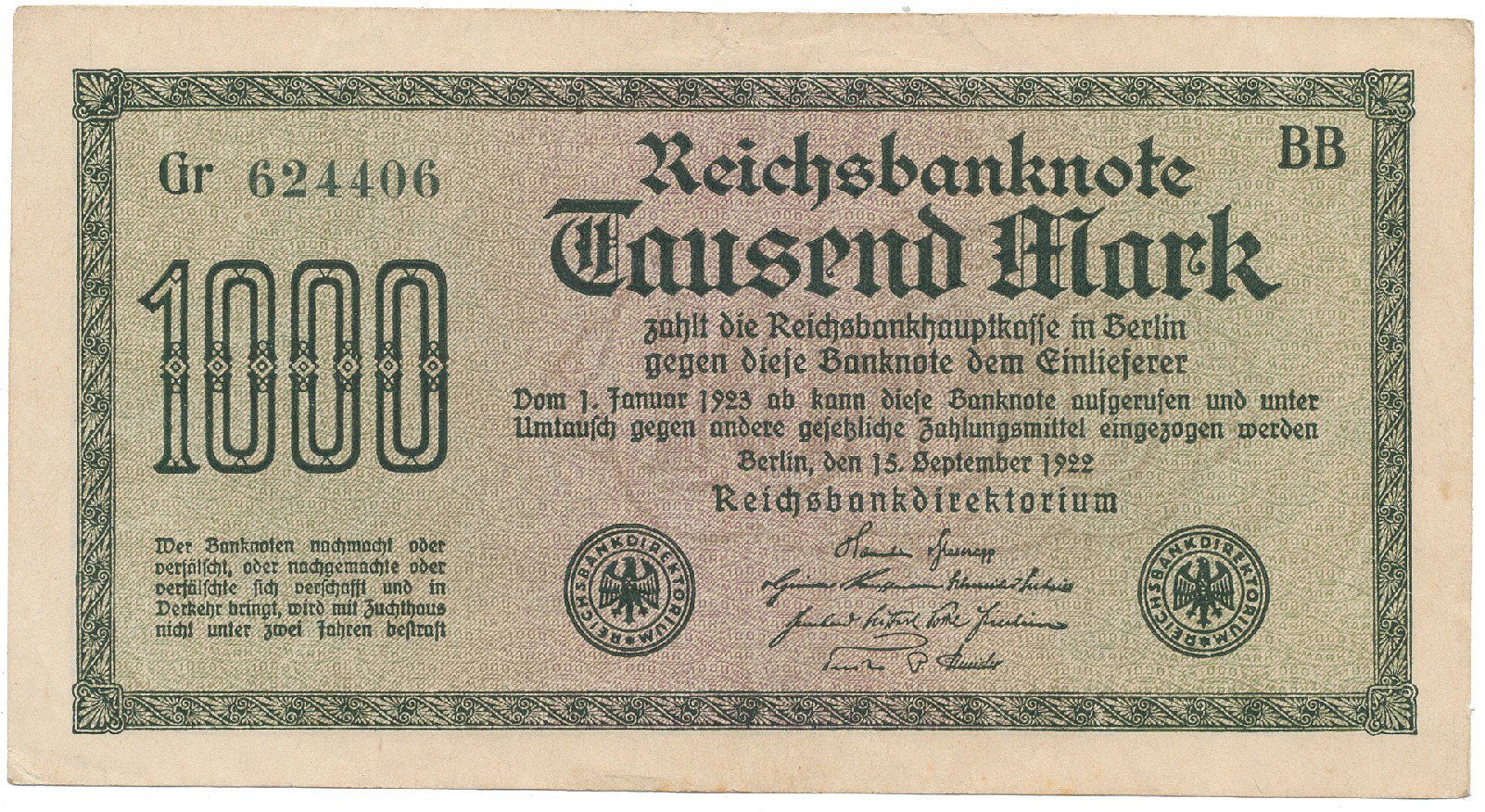 Německo, 1000 Mark 1922, vod. Hakensterne, zelené 6-místné číslo, Ro.75a