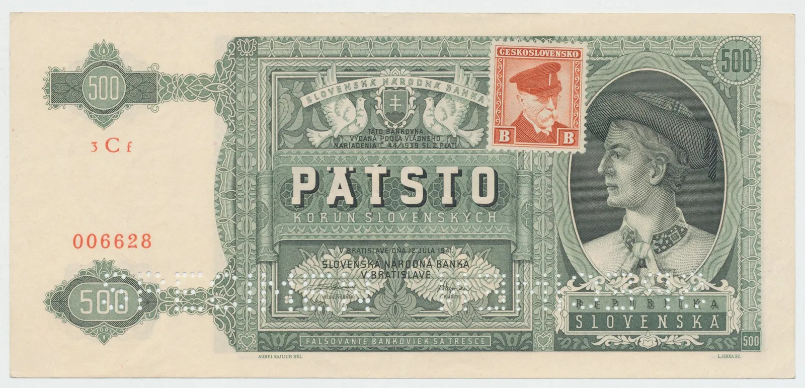 Československo, 500 Koruna 1941/1945, kolkovaná, perf. 2x SPECIMEN dole, Hej.64a.S3