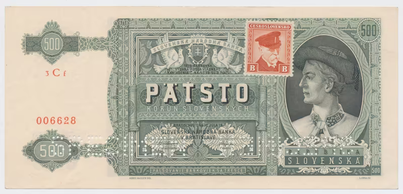 Československo, 500 Koruna 1941/1945, kolkovaná, perf. 2x SPECIMEN dole, Hej.64a.S3