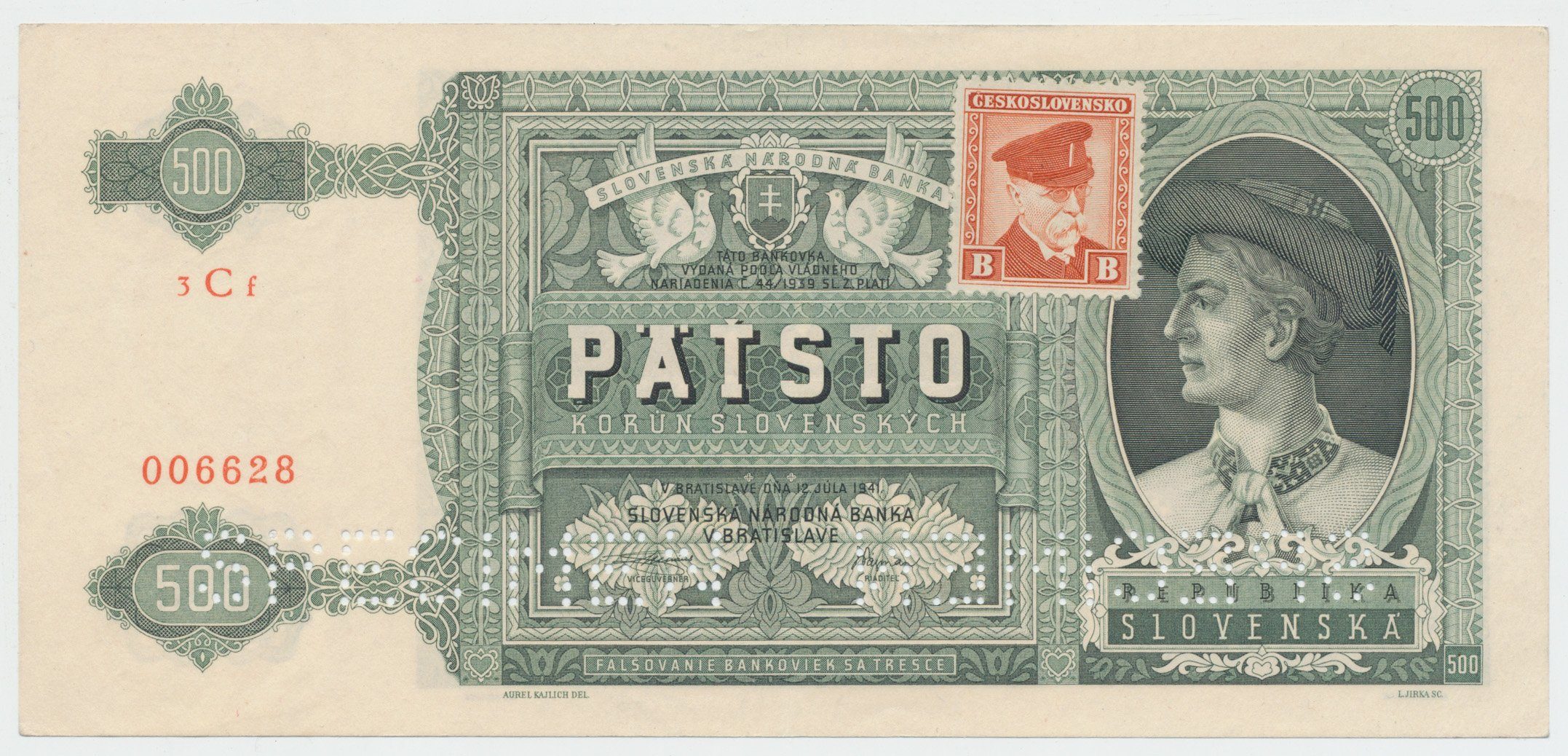 Československo, 500 Koruna 1941/1945, kolkovaná, perf. 2x SPECIMEN dole, Hej.64a.S3