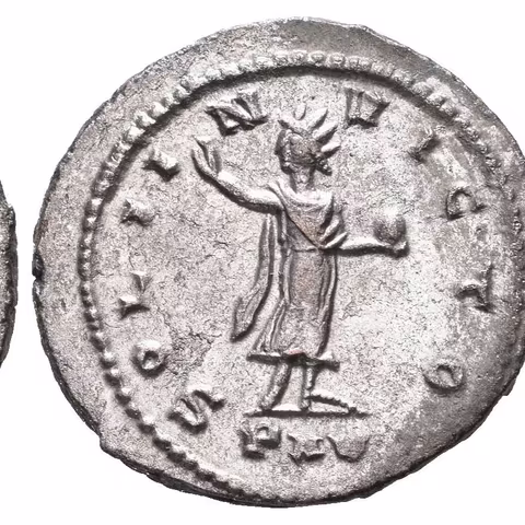 AE Antoninian, mincovna v Asii, Rv: SOLI INVICTO, Sol hledící vpravo, pozvedá ruku